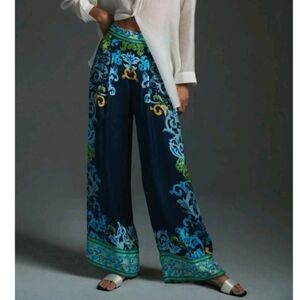 Anthropologie Ranna Gill Printed Satin Pants In Blue Motif Size XS